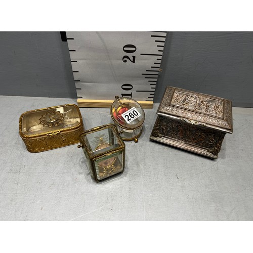 260 - Silver plated heavily embossed casket + 3 early 20th century pocket watch display boxes