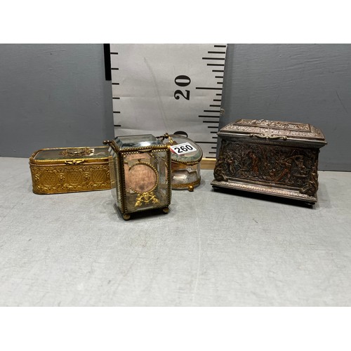 260 - Silver plated heavily embossed casket + 3 early 20th century pocket watch display boxes