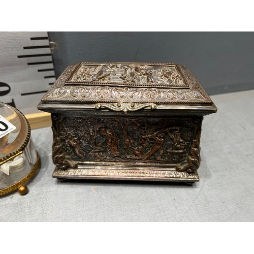 260 - Silver plated heavily embossed casket + 3 early 20th century pocket watch display boxes