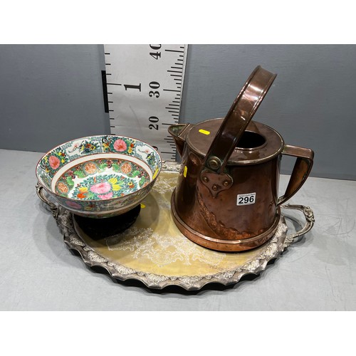 296 - Art nouveau copper watering can (superb quality) + plated tray + Chinese bowl on stand