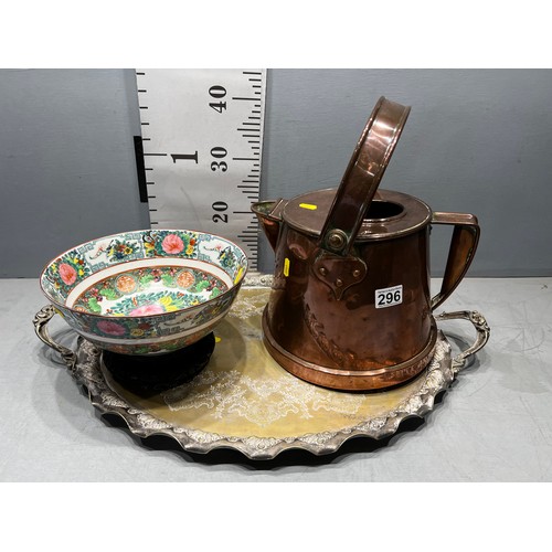 296 - Art nouveau copper watering can (superb quality) + plated tray + Chinese bowl on stand