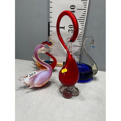 303 - 4 mid century coloured glass swans