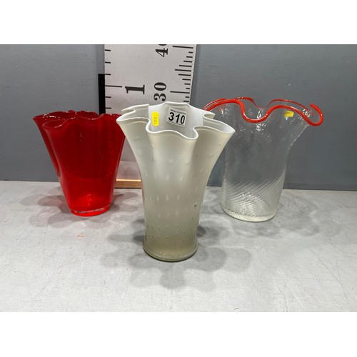 310 - 3 mid century coloured glass Handkerchief vases