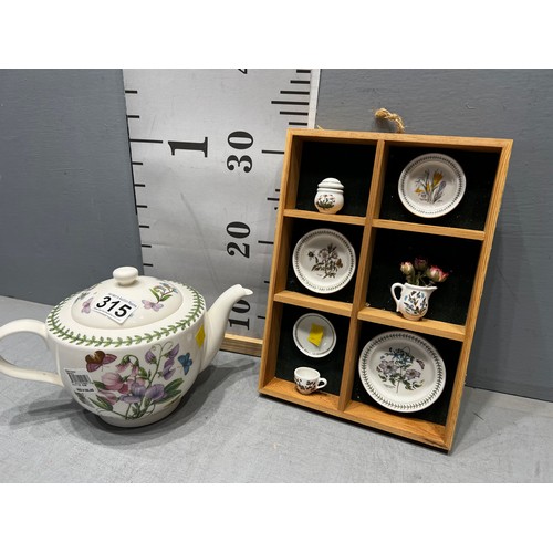 315 - Portmerion miniature display in wooden frame + tea pot