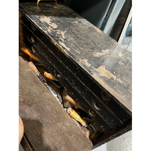 474 - Vintage wooden tool box + contents