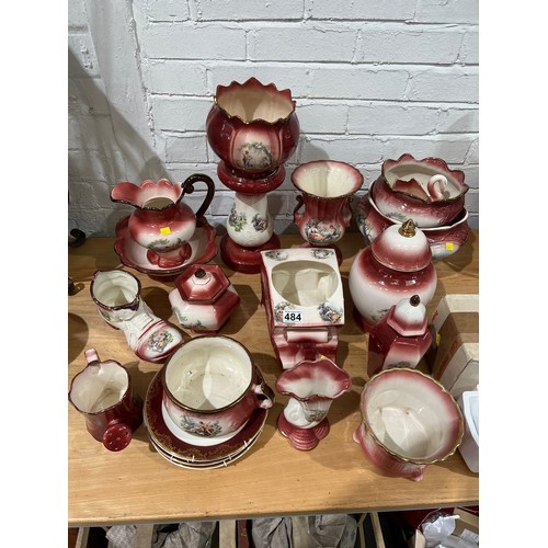 484 - Large quantity matching Staffordshire pottery items. Jug + bowl, planters etc