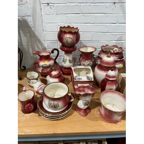 484 - Large quantity matching Staffordshire pottery items. Jug + bowl, planters etc