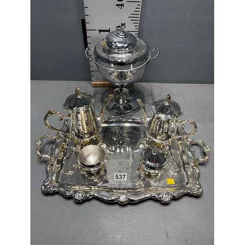 537 - Silver plate tea set on tray + chrome samovar