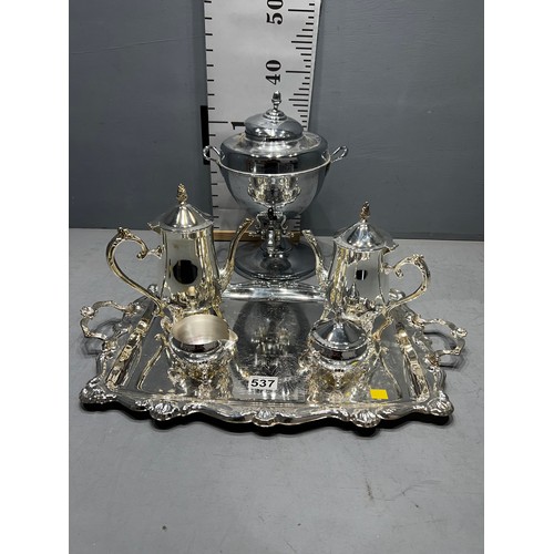 537 - Silver plate tea set on tray + chrome samovar