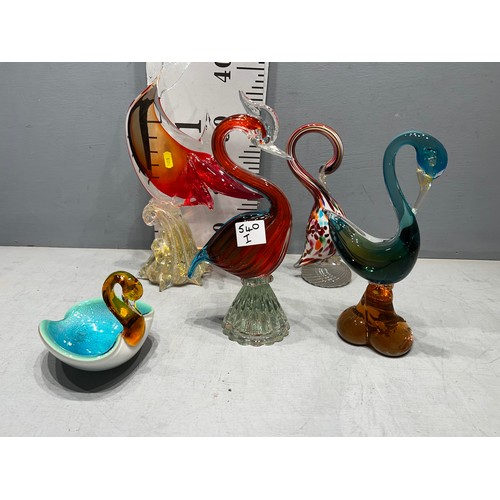 540I - 5 pieces morano glass. ducks + fish