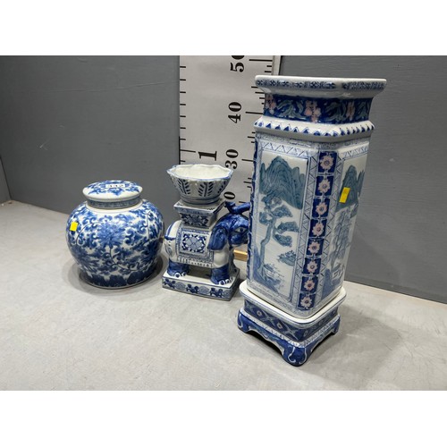 332 - 3 pieces blue + white pottery, stick stand, ginger jar, elephant