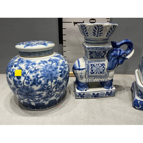 332 - 3 pieces blue + white pottery, stick stand, ginger jar, elephant