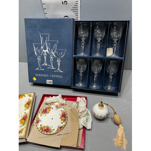 336 - Aynsley perfume spray, royal albert country rose, cake stand, set of crystal glasses