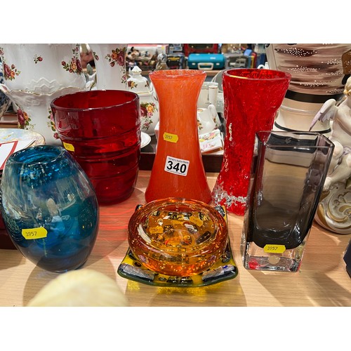 340 - 7 pieces coloured glass vases etc inc art glass mid century