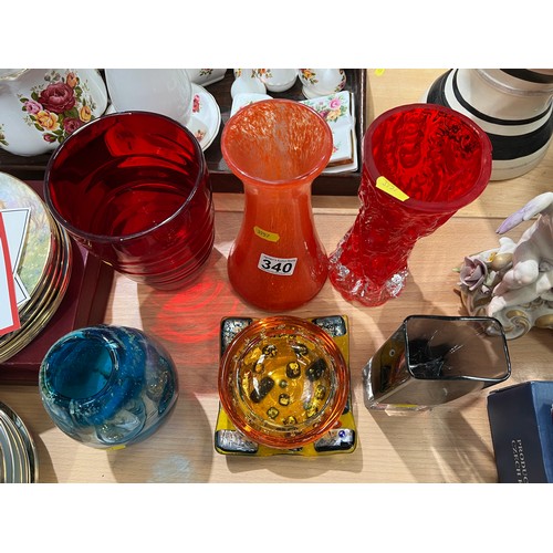 340 - 7 pieces coloured glass vases etc inc art glass mid century