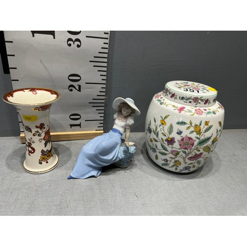 351 - Large minton Haddon Hall ginger jar + masons vase + nao figure