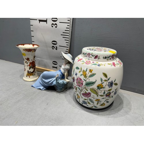 351 - Large minton Haddon Hall ginger jar + masons vase + nao figure