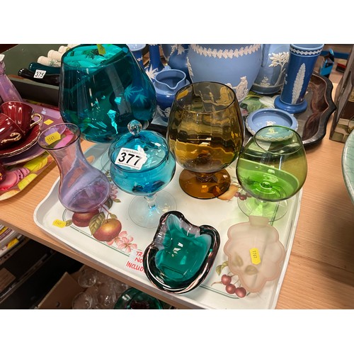 377 - 7 pieces coloured glassware inc vases + bowls etc