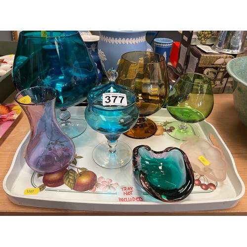 377 - 7 pieces coloured glassware inc vases + bowls etc