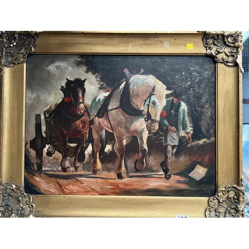 403 - Old picture (possibly oil on board) of Horse pulling cart