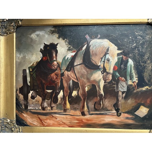 403 - Old picture (possibly oil on board) of Horse pulling cart