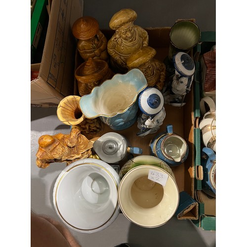 433 - 2 boxes pottery inc 8 assorted tea pots, vases, biscuit jars figures etc