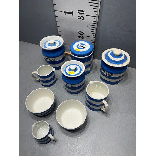 440 - T.G.Greens blue + white canisters inc rice, coffee and sugar