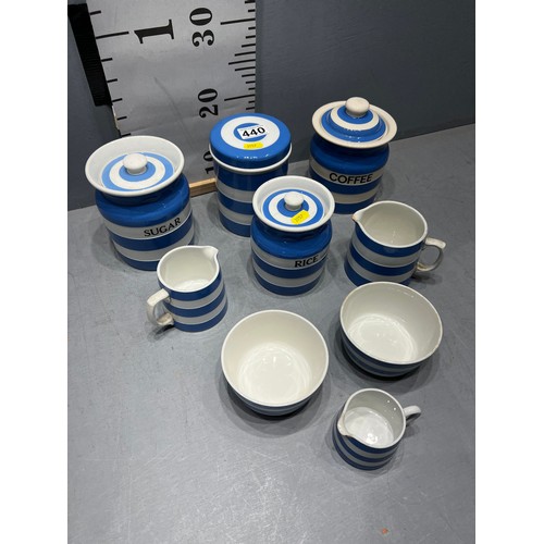 440 - T.G.Greens blue + white canisters inc rice, coffee and sugar