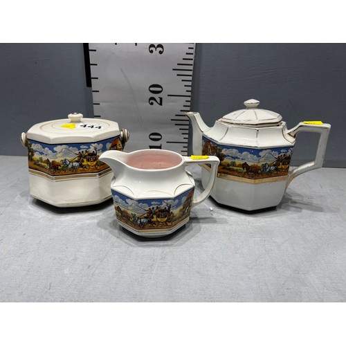 444 - Celia Gibsons tea pot, milk jug, biscuit barrel. Circa 1900's