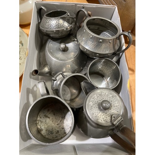 446 - Box pewter items inc Art Nouveau and earlier