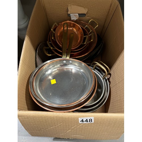 448 - Good box of vintage copper pans, frying pans etc