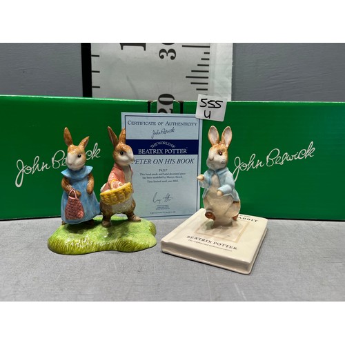 555U - Beswick 'Flopsy + Benjamin Bunny' + Beswick 'Peter on his book' with certificate. both boxed