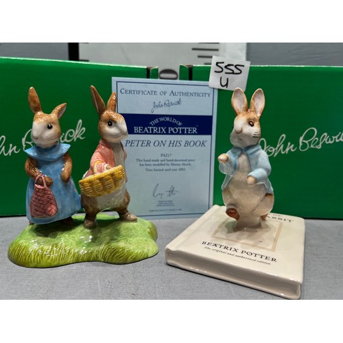 555U - Beswick 'Flopsy + Benjamin Bunny' + Beswick 'Peter on his book' with certificate. both boxed