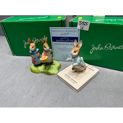 555U - Beswick 'Flopsy + Benjamin Bunny' + Beswick 'Peter on his book' with certificate. both boxed