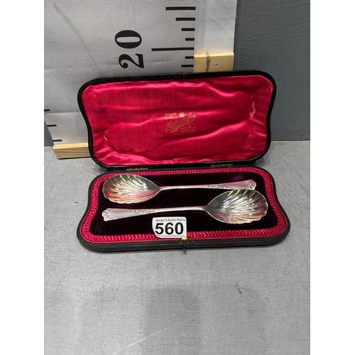 560 - Pair silver fruit spoons in case. Hallett + Sons Hastings. 93g