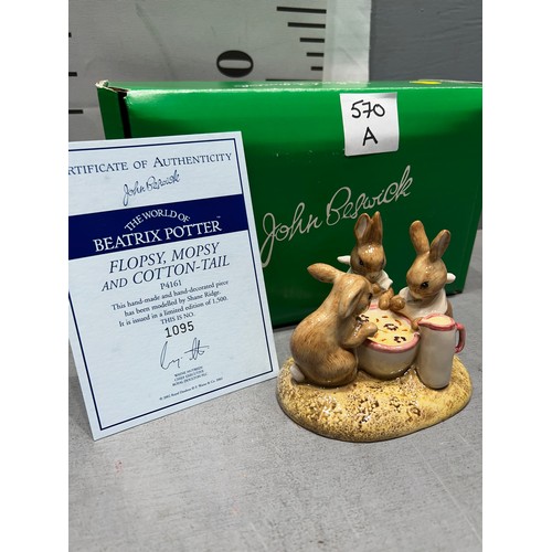 570A - Beswick Beatrix Potter 'Flopsy, Mopsy +Cotton Tail' with certificate no. 1095 in box