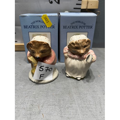 570F - Beswick Beatrix Potter 'Mrs Tigglywinkle ironing in satin' + 'Mrs Tigglywinkle buys provisions in gl... 