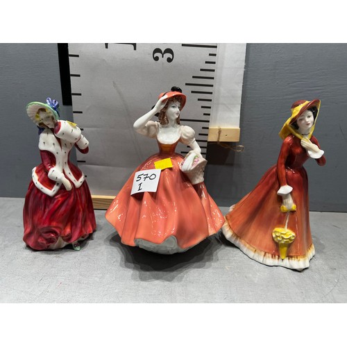 570I - Coalport figure Flora + 2 Royal Doulton figures Julia + Christmas morning