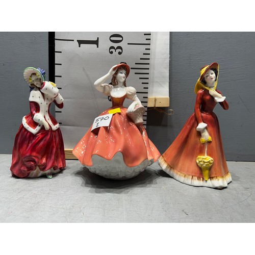 570I - Coalport figure Flora + 2 Royal Doulton figures Julia + Christmas morning