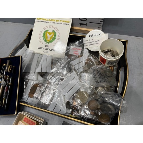 585D - Tray of coins, pens, vintage cards etc