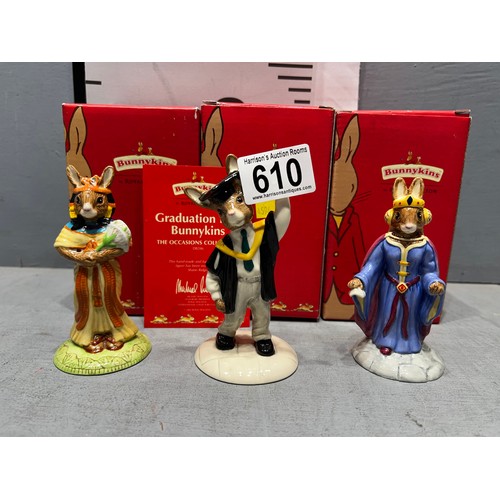 610 - 3 Royal Doulton Bunnykins figures. Queen Guinevere, Anthesenamun, Graduation day all boxed