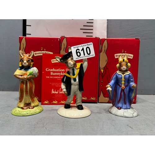 610 - 3 Royal Doulton Bunnykins figures. Queen Guinevere, Anthesenamun, Graduation day all boxed