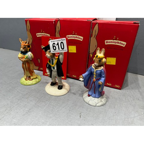 610 - 3 Royal Doulton Bunnykins figures. Queen Guinevere, Anthesenamun, Graduation day all boxed