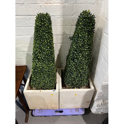 647 - Pair of artificial Pyramid cone trees in quartz planters. Approx 3ft high inc tubs