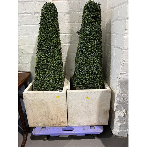 647 - Pair of artificial Pyramid cone trees in quartz planters. Approx 3ft high inc tubs