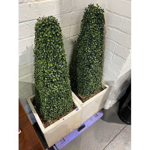 647 - Pair of artificial Pyramid cone trees in quartz planters. Approx 3ft high inc tubs