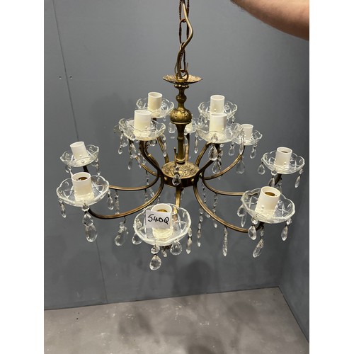 540Q - good quality cut glass / brass 2 tier chandelier. 12 branch