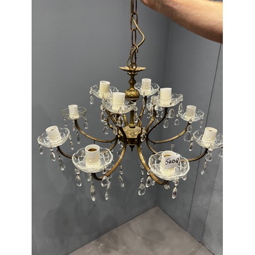 540Q - good quality cut glass / brass 2 tier chandelier. 12 branch