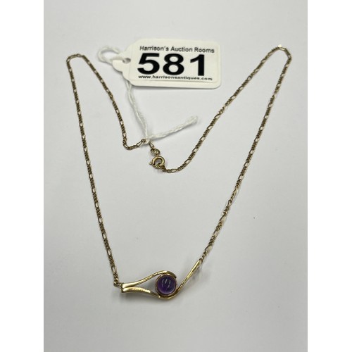 581 - 9ct gold chain with 9ct gold Amethyst pendant. approx 3.7g gross