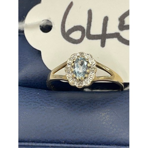 645H - 9ct gold blue stone + diamond ring. Size U. approx 1.6g gross